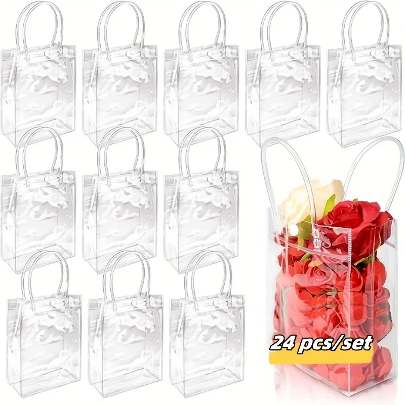 

24pcs Clear Plastic Gift Bags With Handle,Reusable Transparent PVC Gift Wrap For Retail Boutique Shopping Craft Tote Bag