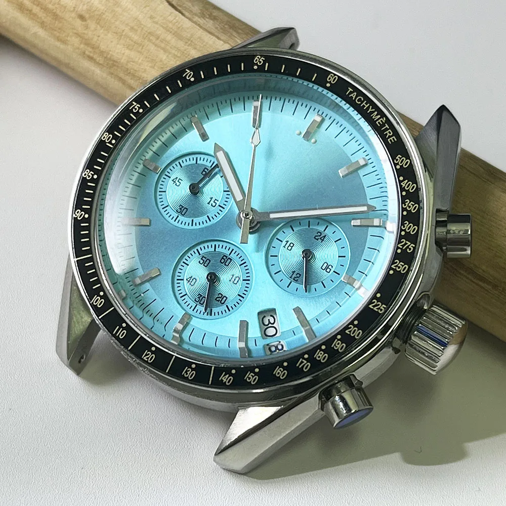 40 ملم للرجال متعدد الوظائف كرونوغراف كوارتز حافظة من الفولاذ المقاوم للصدأ VK63 حركة زجاج معدني أزرق ثلجي #5