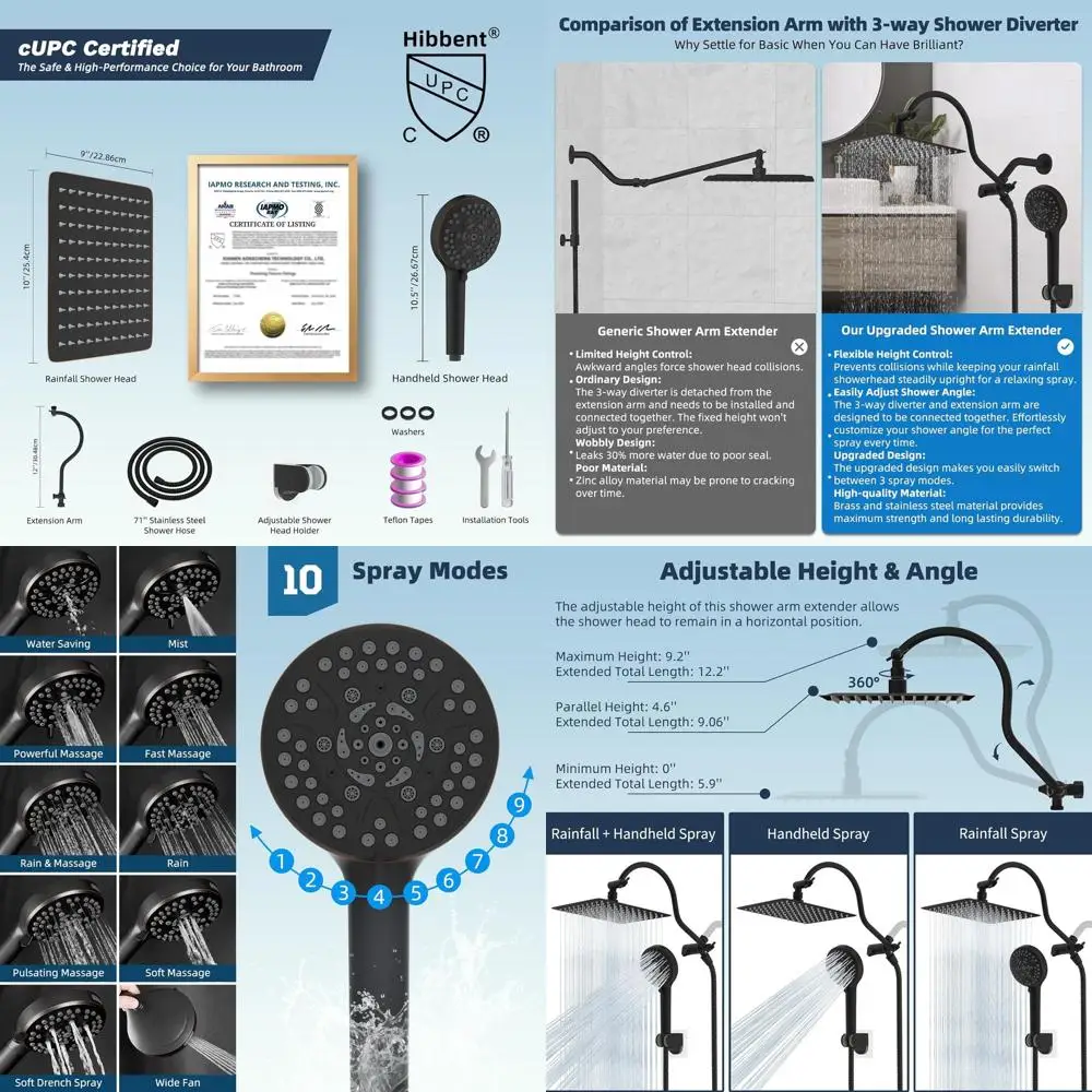 

10 Premium Rainfall Shower Head Combo with Handheld, 12 Extension Arm, Oil Rubbed Bronze Finish