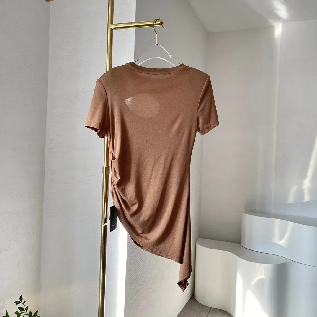 Pure Cotton Female T Shirt Khaki Short Sleeve Cut Out Knit Irregular Pullovers Tops 2024 New Arrivals