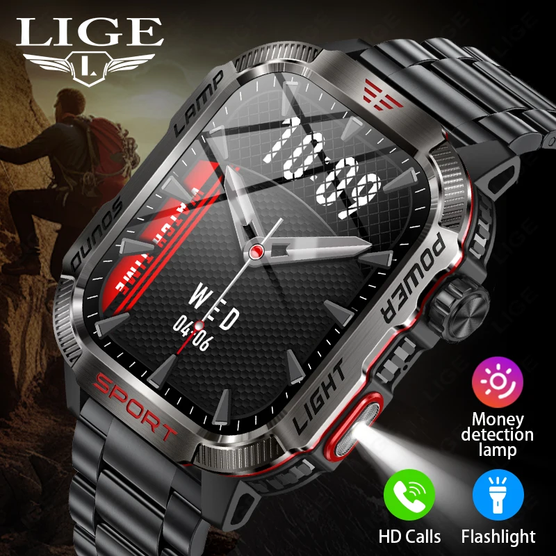 

LIGE LED Flashlight Outdoor Military Smart Watch Men Sport Fitness Watch Waterproof Bluetooth Call Smartwatch 600mAh Big Battery