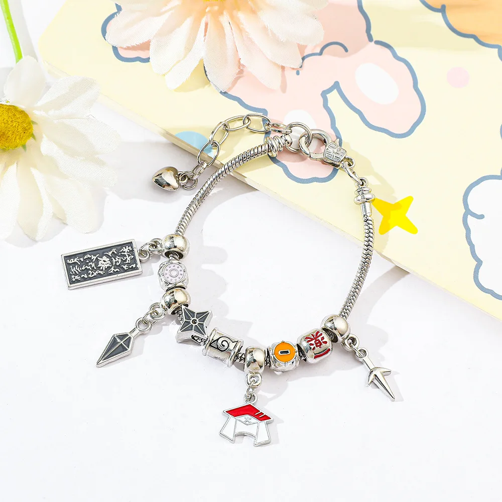 1pc Anime Naruto Hiruzen Sarutobi Hat Shuriken Ninja Beaded Alloy Bracelet view 3