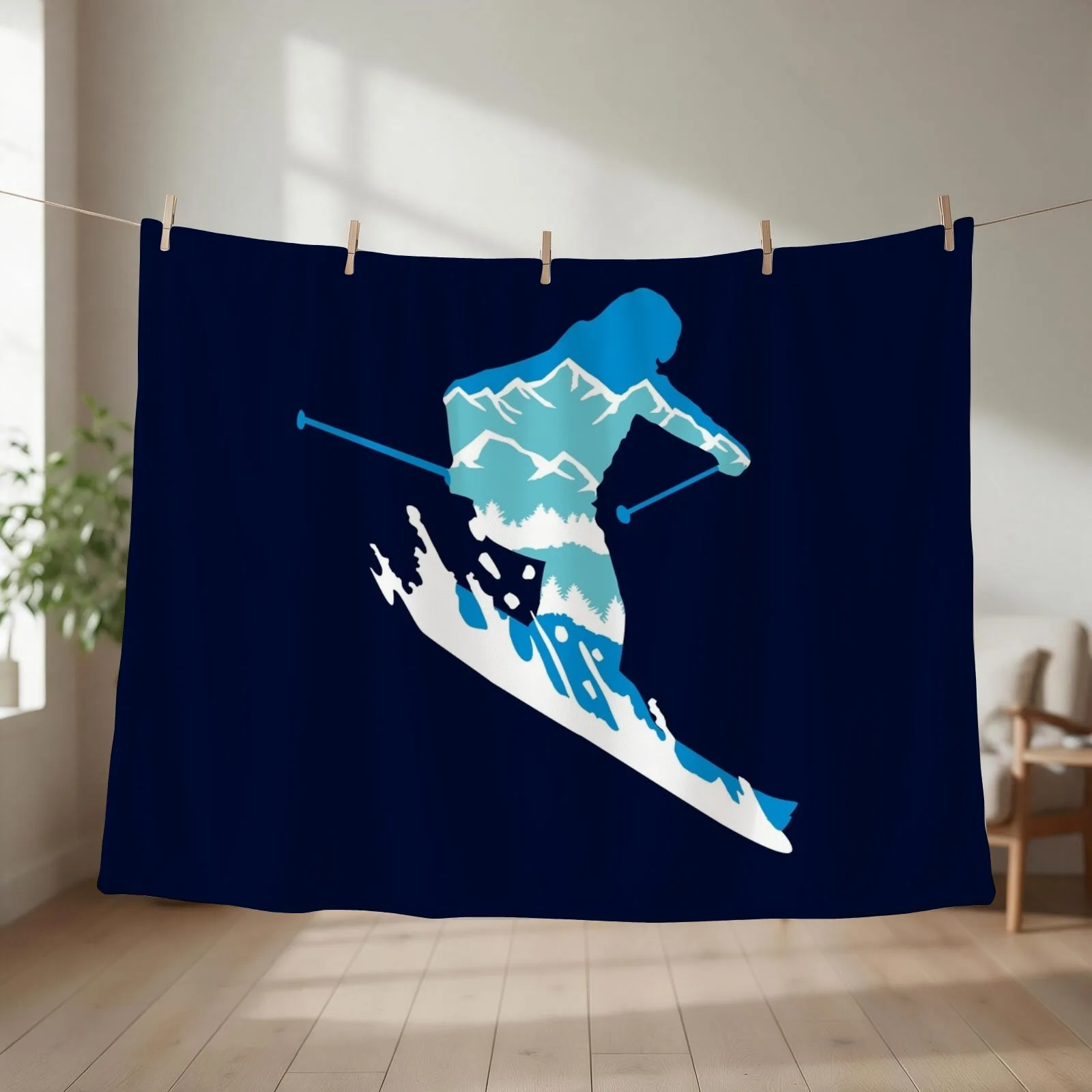 Skier and mountain silhouette - skiing, skiing Throw Blanket couch cozy soft plush fuzzy picnic outdoor blanket