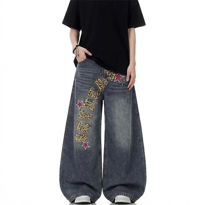 Niche Men's Wide Leg Jeans European Casual Leopard Print Star Applique Vintage Wash Street Style Denim Baggy Pants