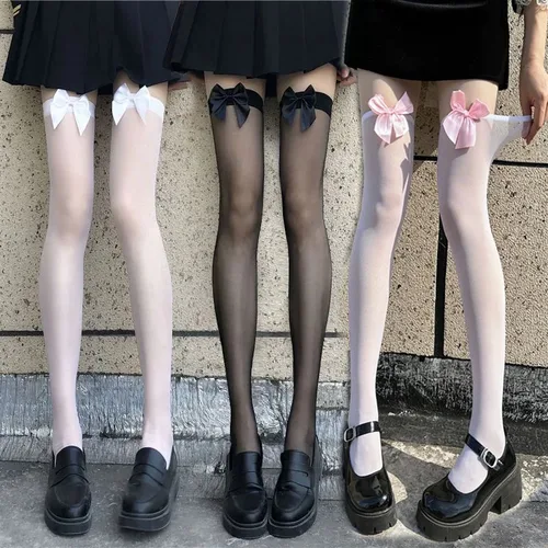 Imagen 2 del producto JK Bowknot medias altas hasta el muslo Lolita Kawaii lindos calcetines hasta la rodilla estilo japonés encaje mujeres niñas calcetines largos de nailon medias