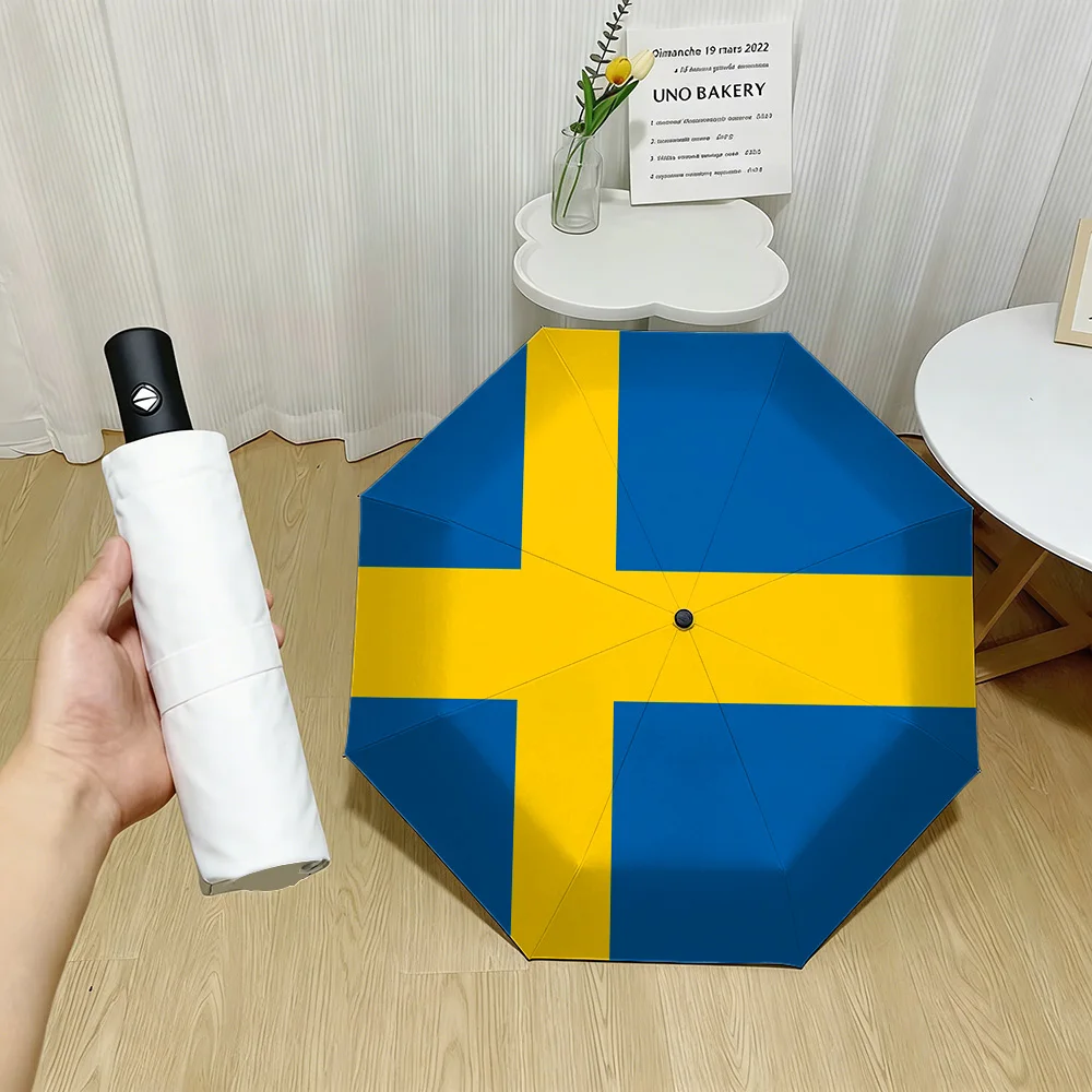 

Sweden National Flag Blue with Yellow Nordic Cross Print Auto Folding Umbrella Waterproof Windproof Compact Travel Umbrella