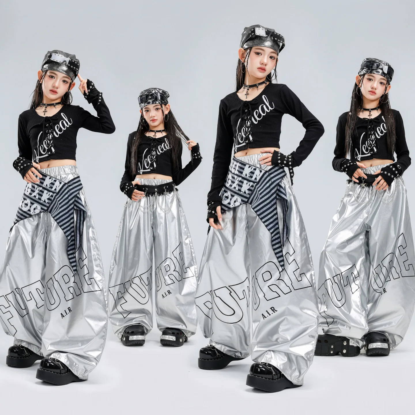 Girls K-pop Black Tie Crop Top Silver Letter Pants Children Hip Hop Streetwear Costume Kids Jazz Girl Group Clothes Sets