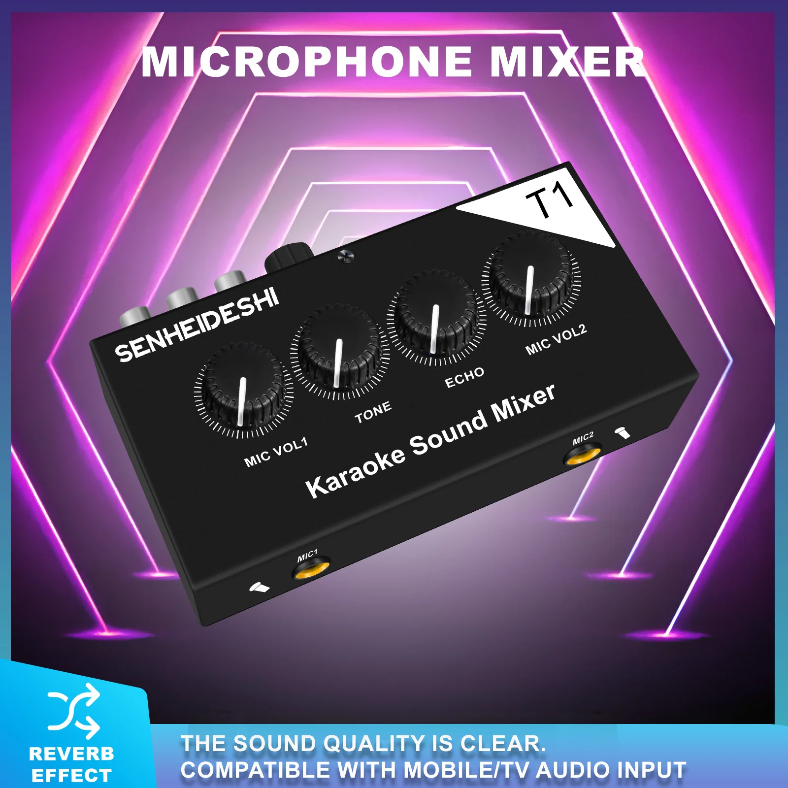 SENHEIDESHI T1 Karaoke Mixer 2-channel Microphone Karaoke Mixer | Echo/Tone Adjustment | Home/KTV/Live Portable Audio Mixer