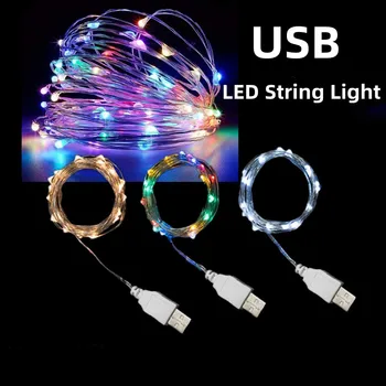 USB girlanda żarówkowa LED lampki 1M 5M 10M 100LEDs Sliver drut miedziany ślub Garland festiwal Party Decor Christmas Gift wodoodporna