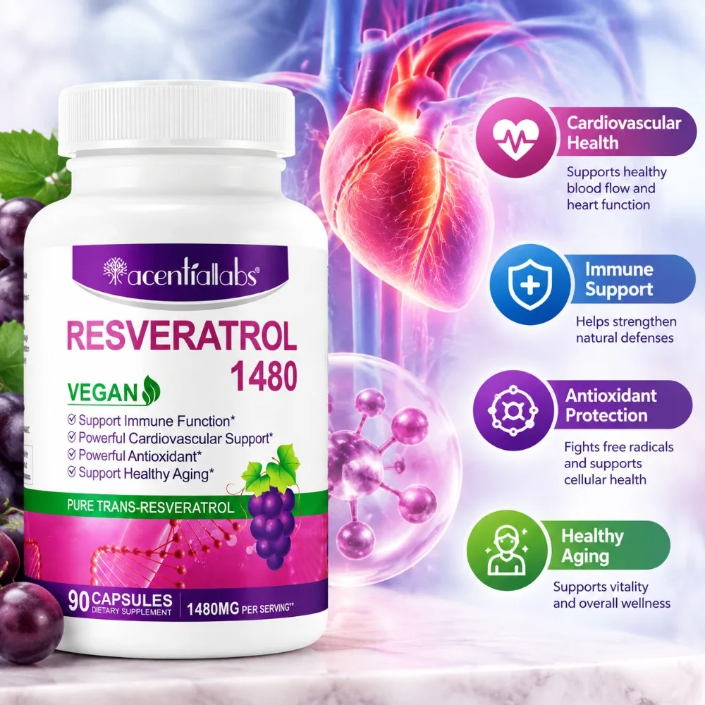 Trans-Resveratrol 1000mg - Cellular Protection & Cardiovascular Health - Antioxidant & Immune Support with Quercetin 90 Capsules
