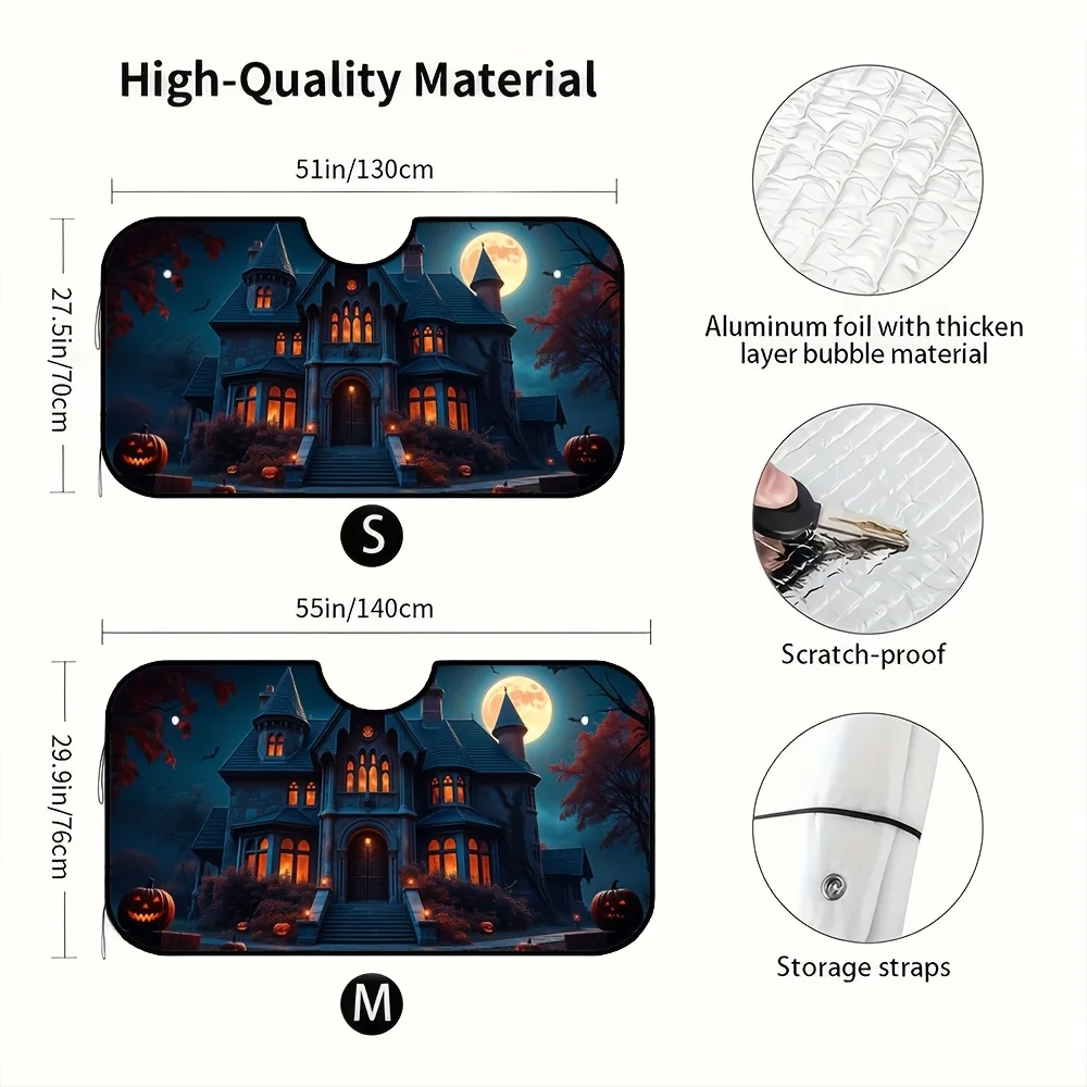 1pc, Portable Front Window Car Sunshade With Halloween Gothic Halloween Haunted House Pumpkins Theme, Foldable Visor Shield For