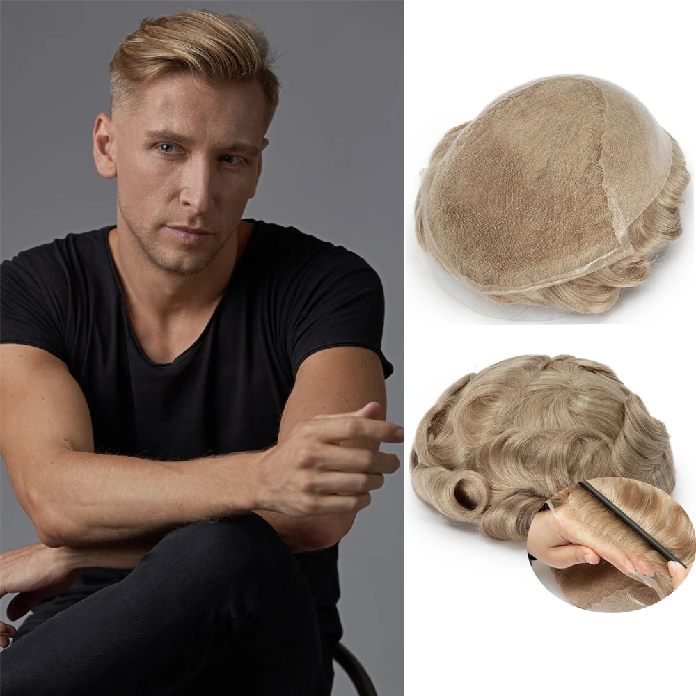 Peluca Masculina Transpirable Q6 con Encaje Suizo y Base de PU, Cabello Humano Rubio para Hombres, Sistema Capilar de 6 Pulgadas, Prótesis Capilar Masculina