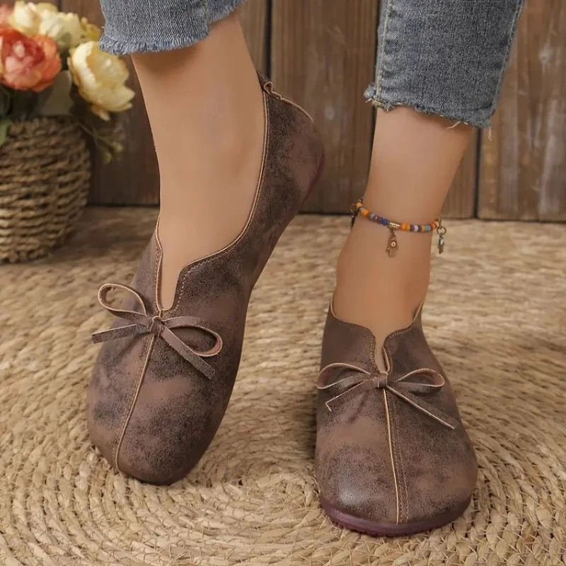 

2026 New Arrival Vintage Bow Decor Women's Loafers | Soft Distressed Slip-On Flats | Comfortable Casual Daily Walking Shoes