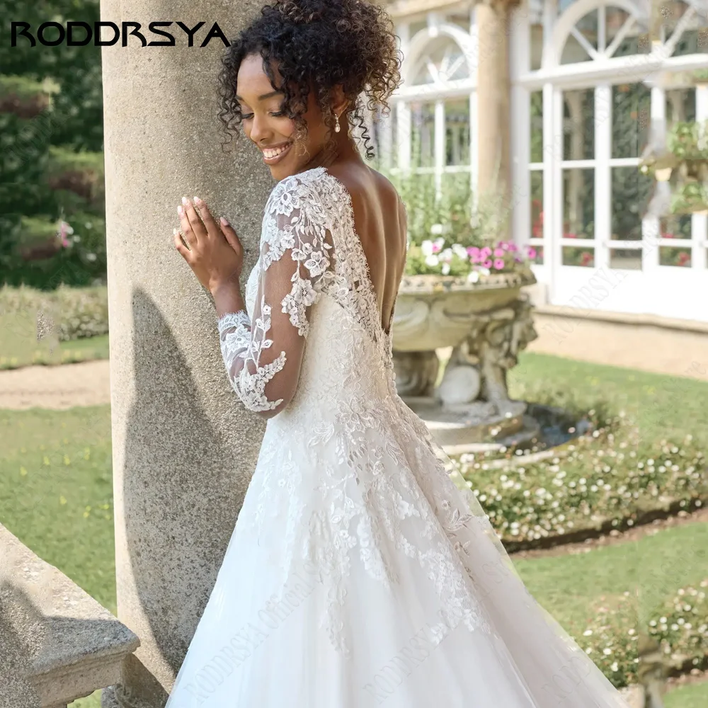 RODRSYA Civil Wedding Dresses Per 2024 Sposa Maniche Lunghe Backless Scoop Abiti Da SpoRODDRSYA abiti da sposa civili per la sposa 2024 maniche lunghe Backless Scoop abiti da sposa a-line Lace Applique vestido de noiva