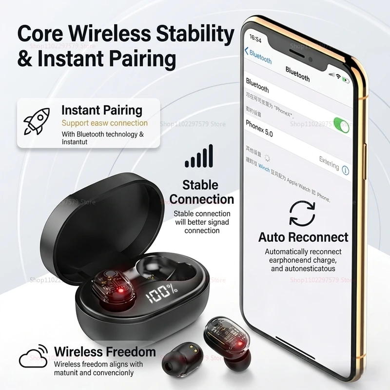 E6S TWS Noise Cancelling Wireless Bluetooth Earbuds Built-in Mic HiFi Stereo Audio Long Playtime Earphones for Workout Office