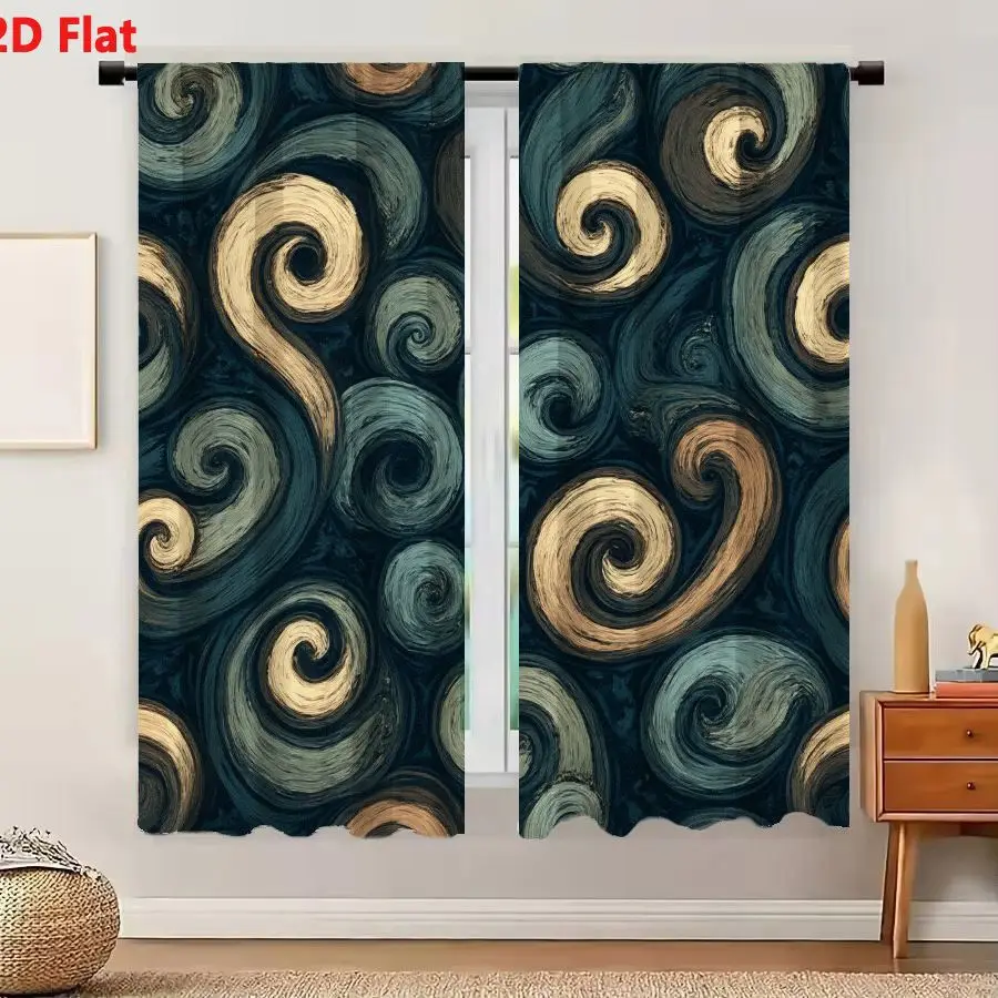 2Pcs Curtains 2D Flat Abstract Swirling Spirals Pattern In Blue Beige Brown Shades On Dark Teal Navy Background Dynamic Flowing