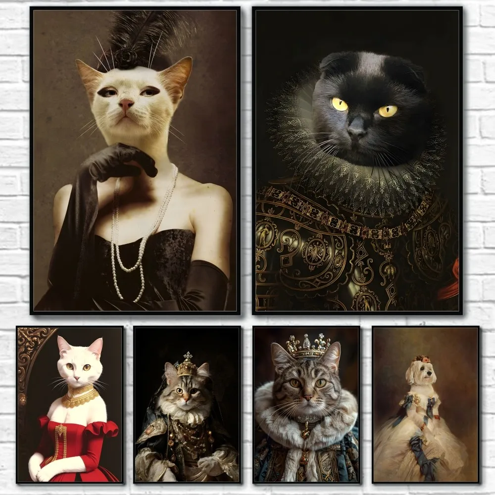 Renaissance Royal Cat Funny Poster Sticky Wall Art Printing Waterproof Home Living Bed Room Bar Aesthetic Decor