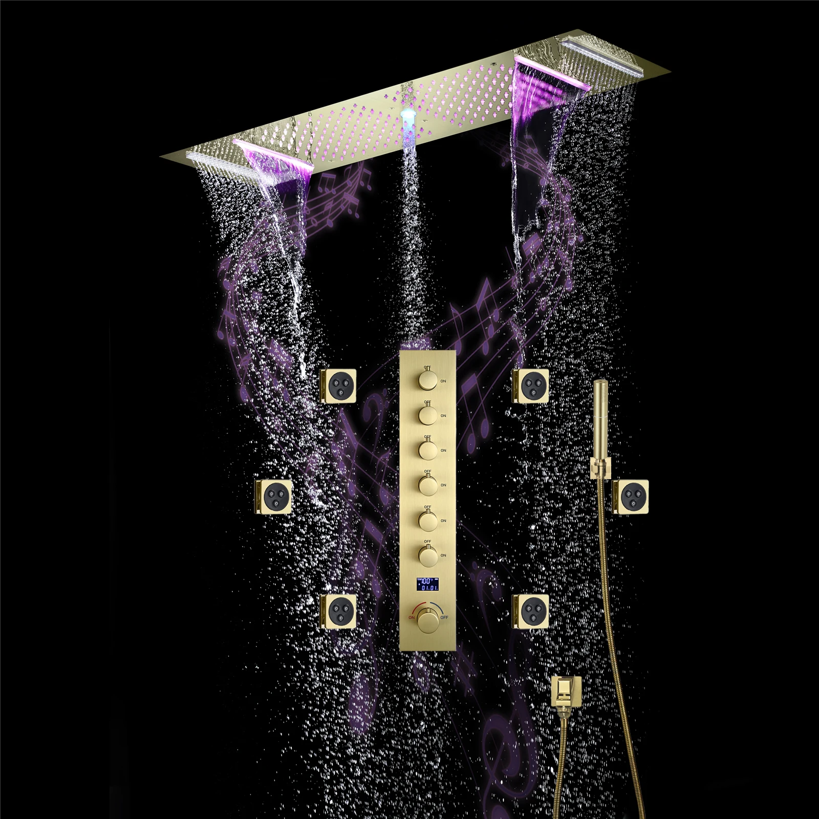 Qlonn Brushed Gold Hot Cold Water Shower Set LED Music Colorful Rain Ceiling Shower with 6 Body Jets Digital Display Mixer Valve