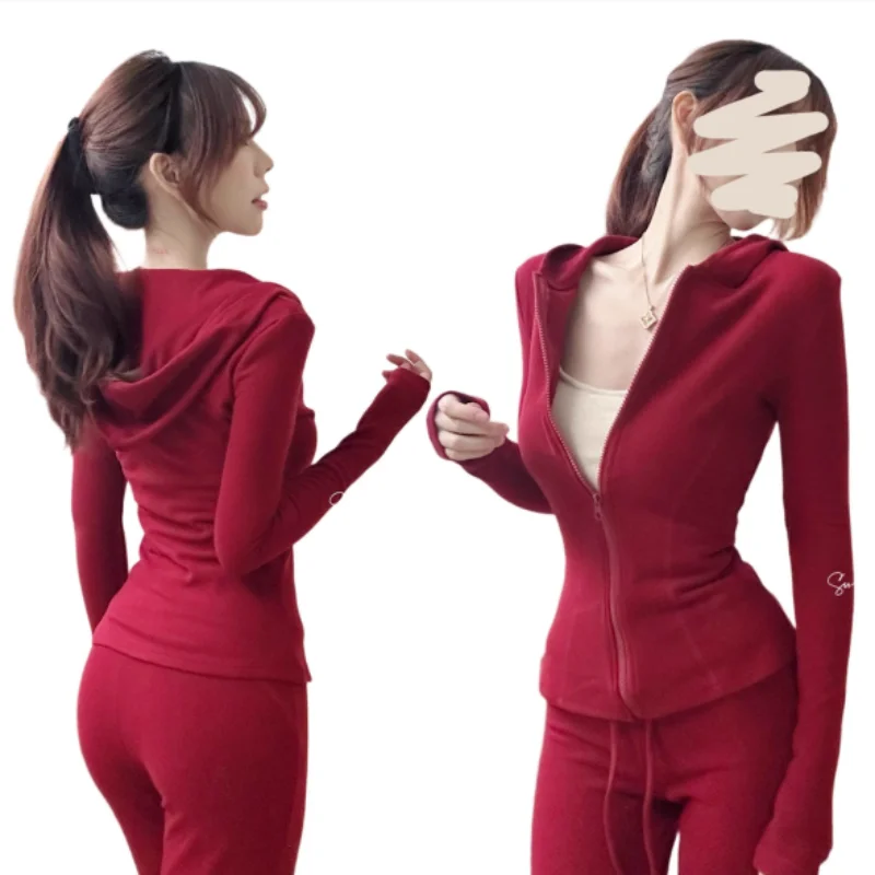 New Year Red Slim Fit Micro Flare Pants Set Women's Early Spring Casual Style Long Sleeve T-Shirt Two-Piece Suit Polyester Fiber