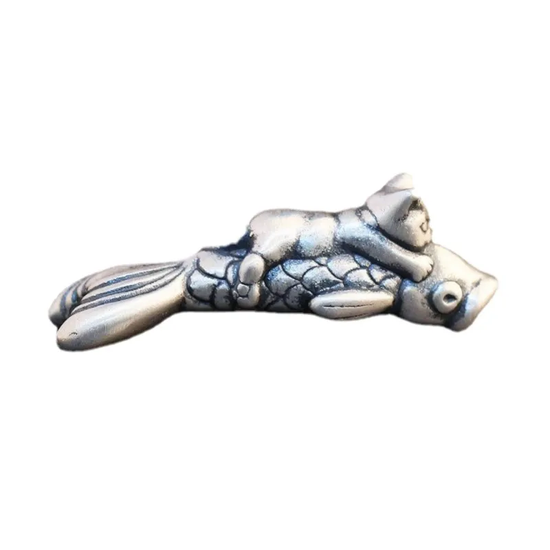 BOCAI S999 Silver 3D Hard Silver Accessories DIY Braided Rope Beads Leather Rope Necklace Accessories Small Cat Hug Fish Bending 6