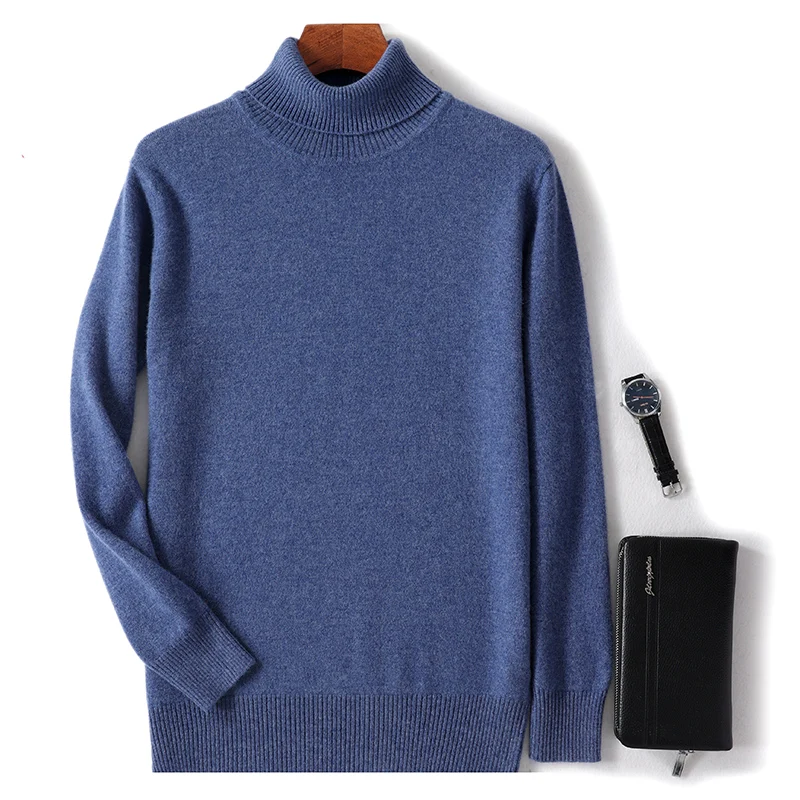 Autumn and winter new 100% pure merino wool pullover men\'s high-necked cashmere sweater thick warm loose solid color coat.