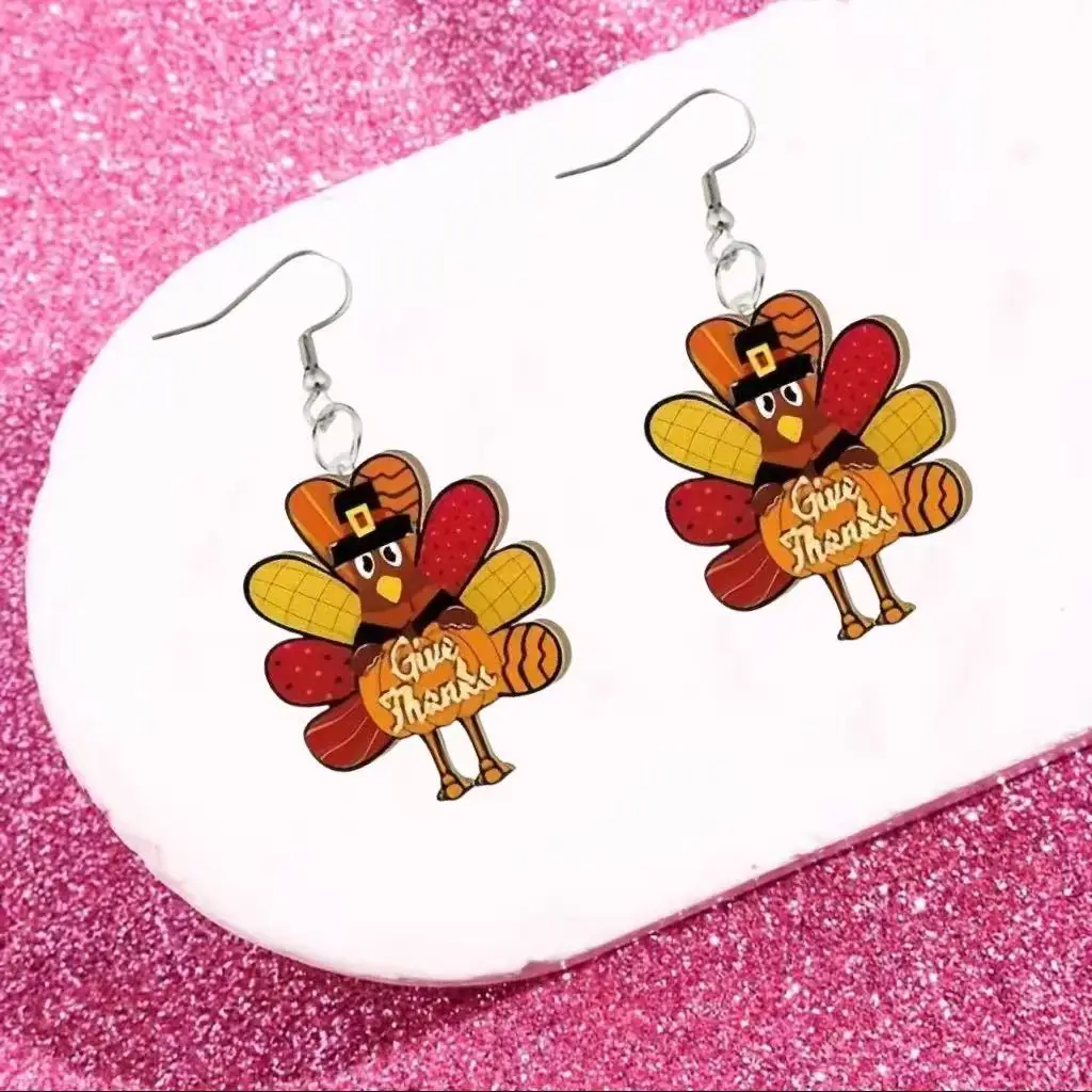 أقراط تركية بوهيمية - أقراط متدلية من الأكريليك على شكل تركيا اللطيفة لحفلات عيد الشكر، هدية جوهرة عيد الميلاد في ديسمبر