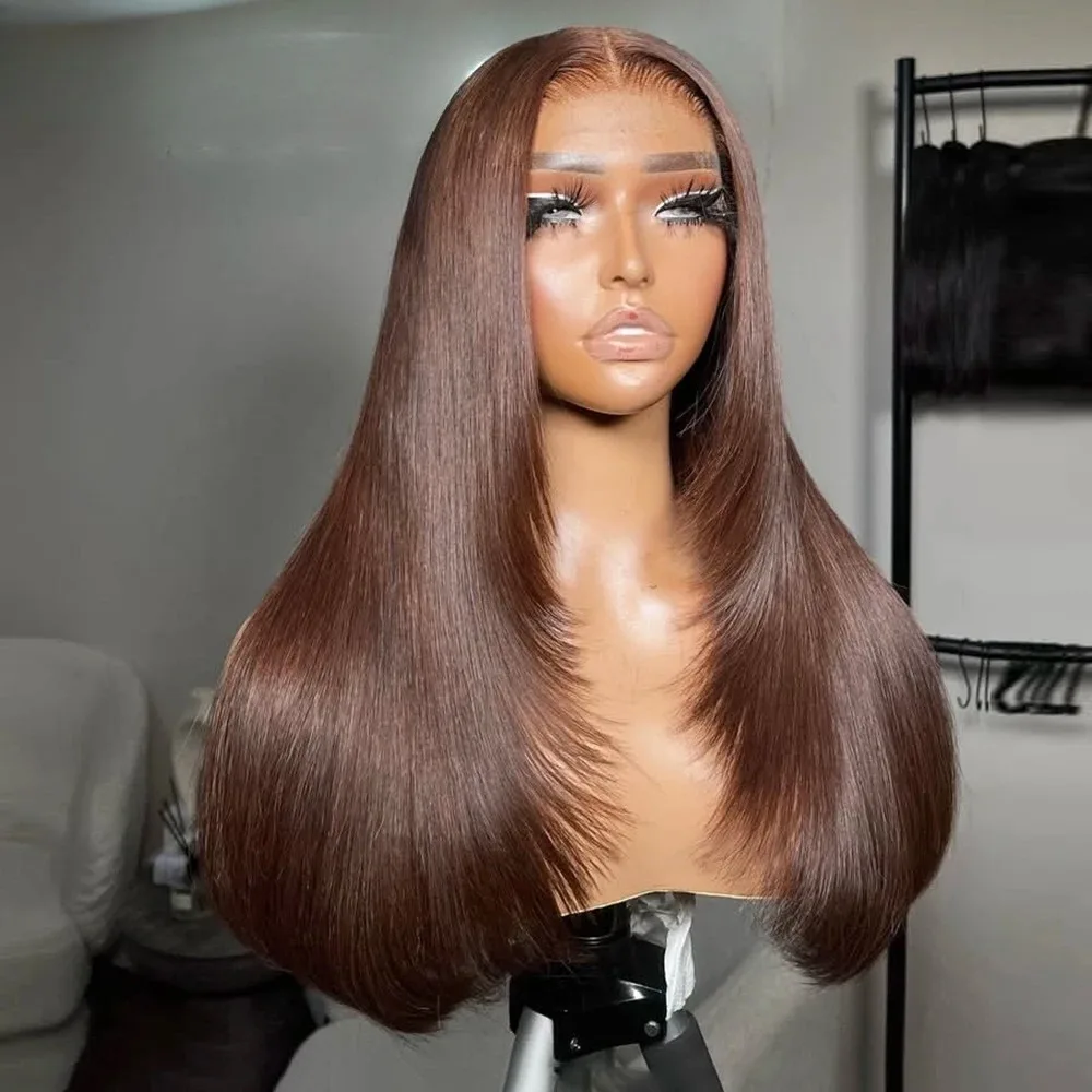 

13x4 Коричневый предварительно вырезанный парик фронта шнурка Прямой парик фронта шнурка Синтетические предварительно сорванные бесклеевые парики шнурка для женщин Ежедневное использование