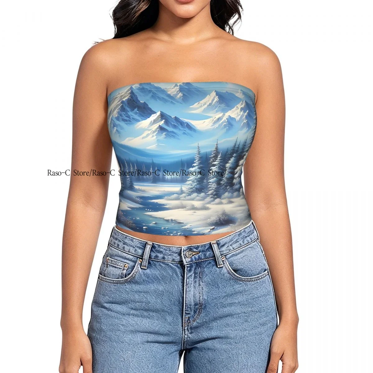Women Block Crop Slim Tube Top Winter Landscape Painting Strapless Top For Summer Female Clothing