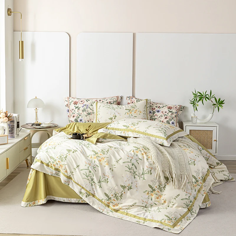 Luxury Egyptian Cotton Flower Print Bedding Set Duvet Cover Linen Fitted Sheet Pillowcases Home Textile