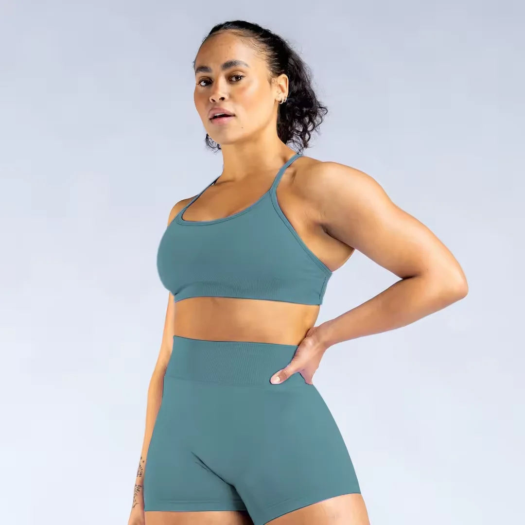 Women's Soft Compression Seamless Scrunch Shorts Bra Set Stretchy Fitness Yoga Sports Wear With Spandex Lining Active Usage