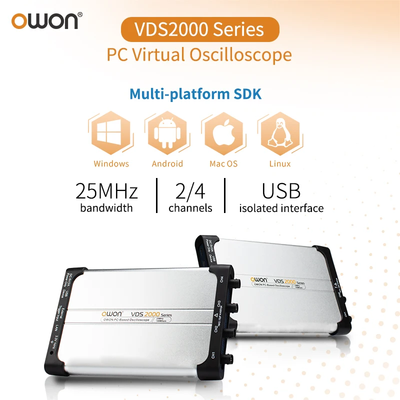 OWON VDS2000 Series Virtual PC Oscilloscope 25MHz 2/4 Channels Large Memory Depth Multi System Supported Debug Instrument