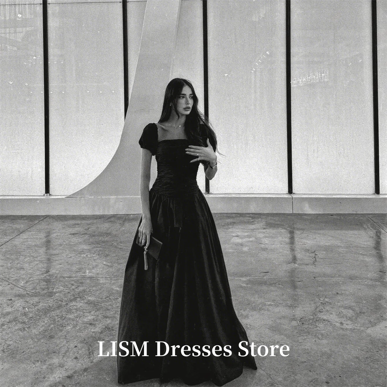 LISM Elegant Black Prom Dresses Long A Line Strapless Vestidos Para Mujer Elegantes Short Puff Sleeves Formal Gowns Customized image 2