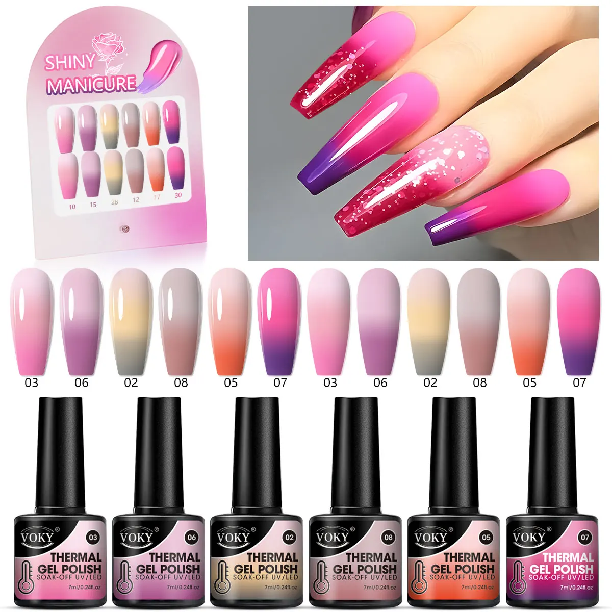6 قطع/مجموعة لاصقة أظافر جلية حساسة للحرارة قابلة للتغيير، تغييرات الألوان مع درجة الحرارة، مجموعة فنية للأظافر #1