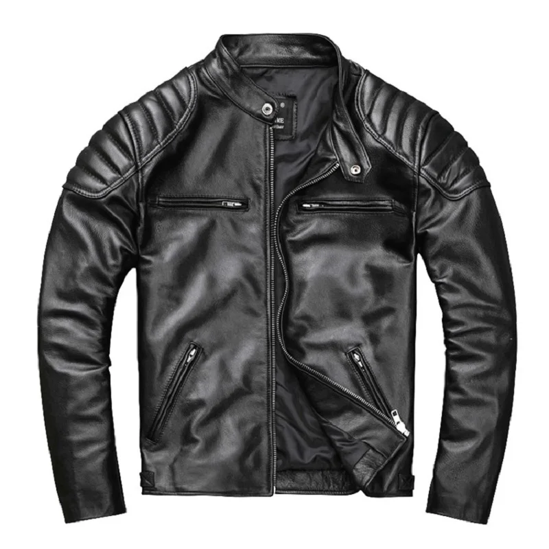 Genuine Leather Jacket For Men's Motorcycle Wear Standing Collar Youth Spring Autumn Black Vintage Real Cow Leather Jacket Man