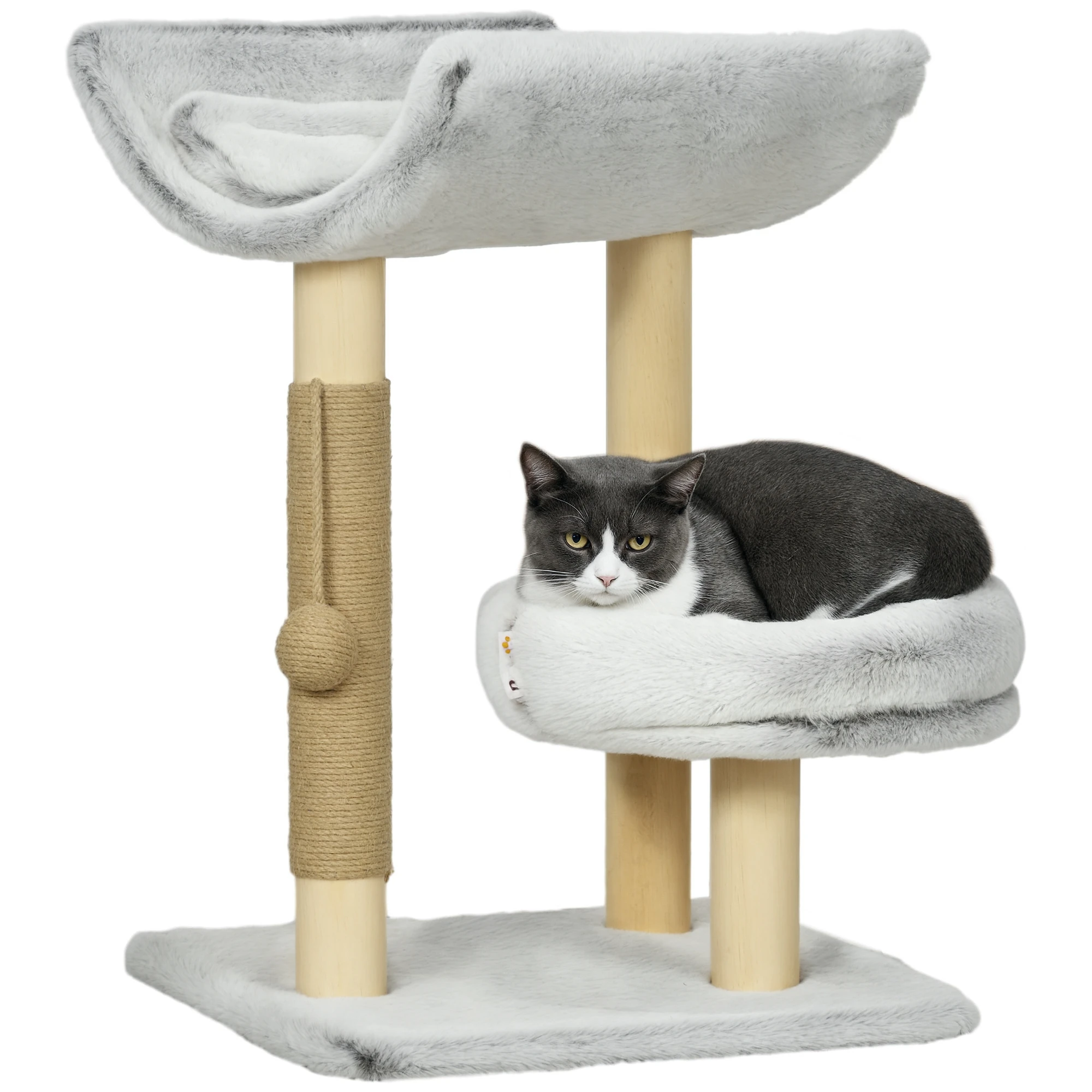 PawHut kattenboom met krabpaal, kattenboom, 1 bovenste nis met wasbaar kussen, 1 ronde nis en 1 hangende jutebal, kattenspeeltoren, hoogte 60 cm, pluche, grijs