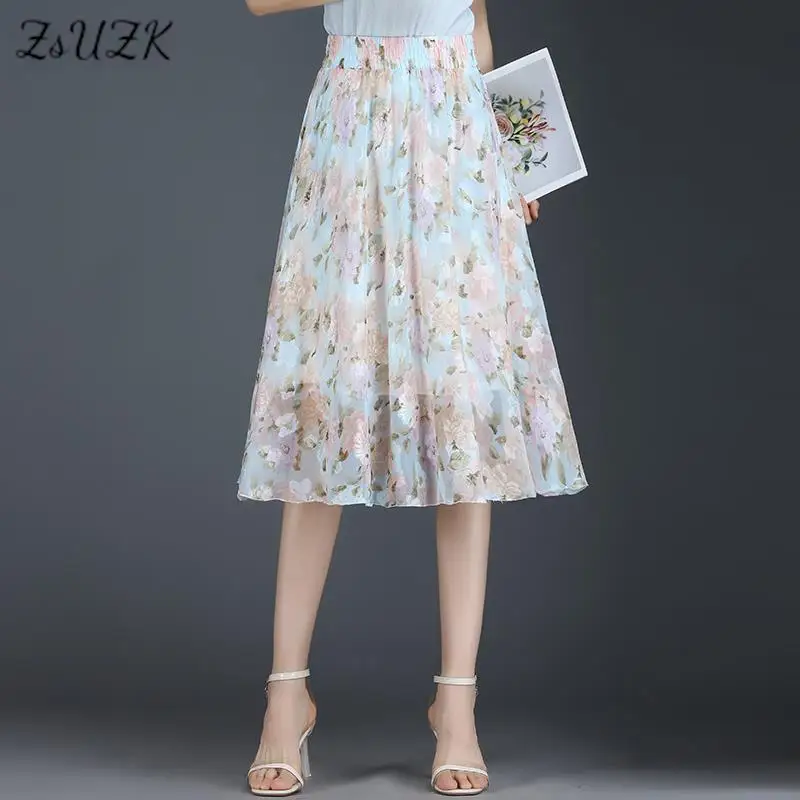 

ZUZK Women Summer Flower Skirts New 2024 Elastic High Waist Fashion Mid-Length Flower Skirt Cool Droop Skirt Jupe