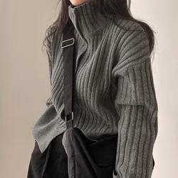 Deeptown-cárdigan gris Vintage de cuello alto para mujer, suéter de punto de estilo coreano, Harajuku japonés, prendas de punto con botones, moda de otoño