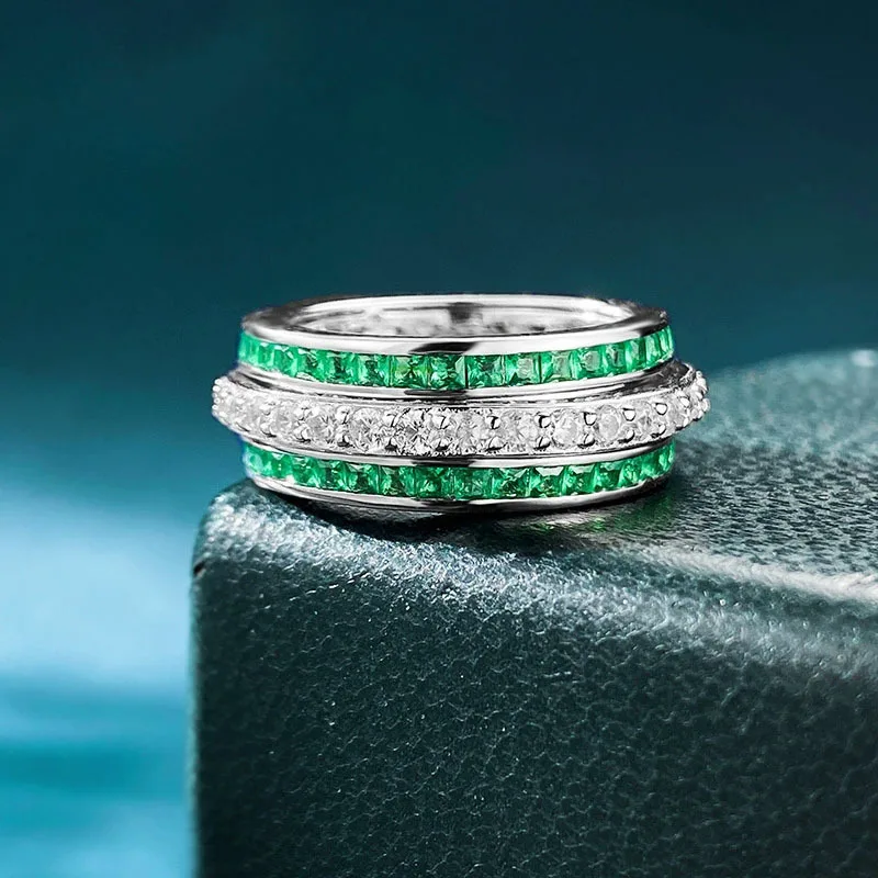 Luxury 18K white Solid Platinum PT950 certifid emerald row ring rotating ring lazada hot new product