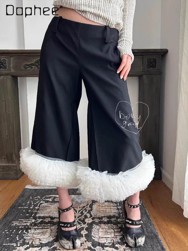 

Black Multi-layer Lace Trim Patchwork Casual Low Waist Capri Pants Korean Chic Trendy Loose Slimming Wide-leg Pants for Women