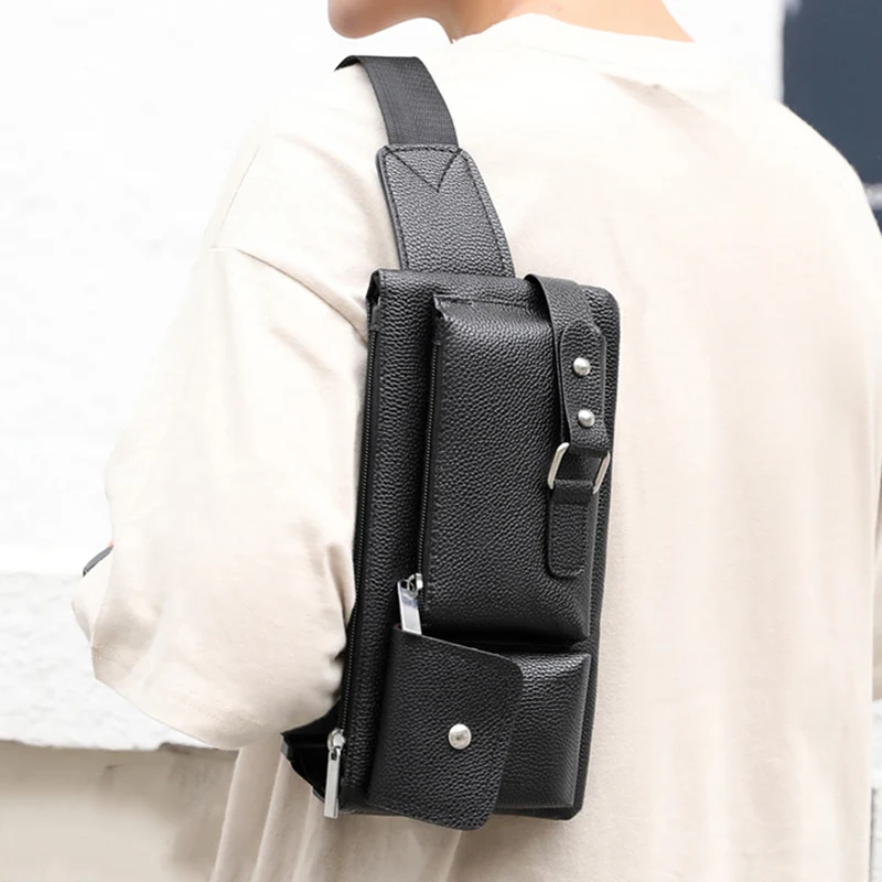 Men Business Waist Pack PU Male Chest Bag Waterproof Fanny Pack Belt Bags Phone Packs Multi-Layer Casual Shoulder Crossbody Bags