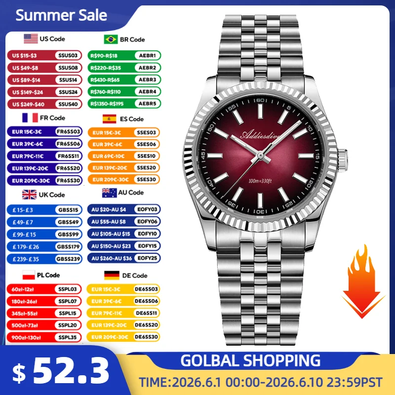 

ADDIESDIVE 36mm Men Quartz Watches Luxury Sapphire Glass Super Luminous Watch 100m Waterproof Stainless Steel Wristwatch AD2073