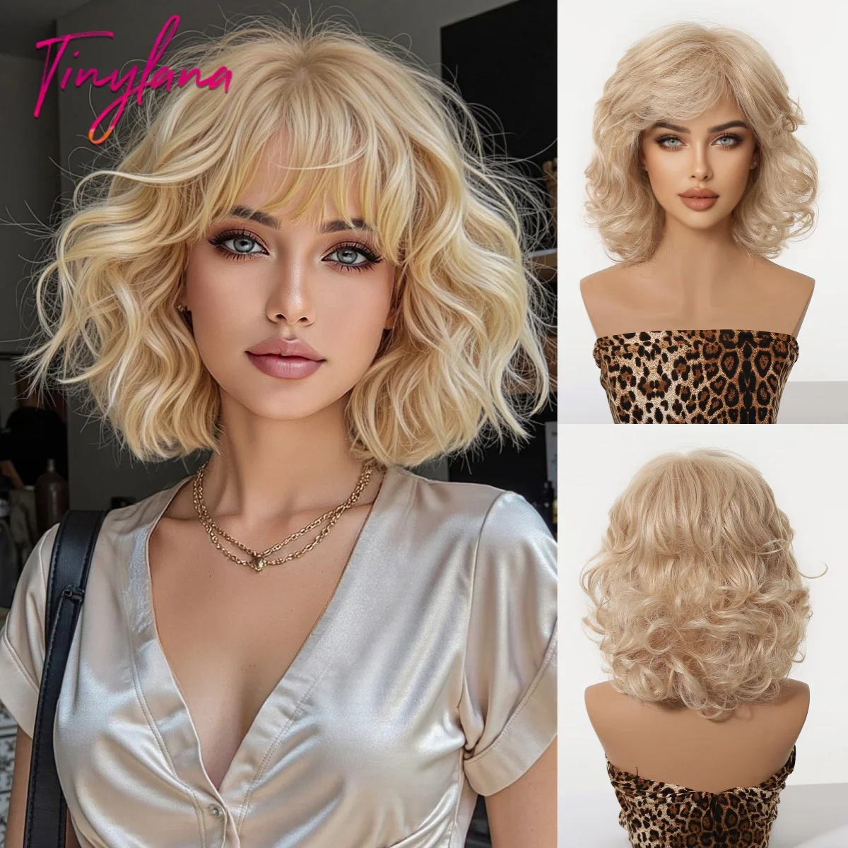 Golden Blonde Short Wavy Synthetic Wig with Bangs for Women Heat Resistant Hair for Daily Party Fashion Halloween Cosplay