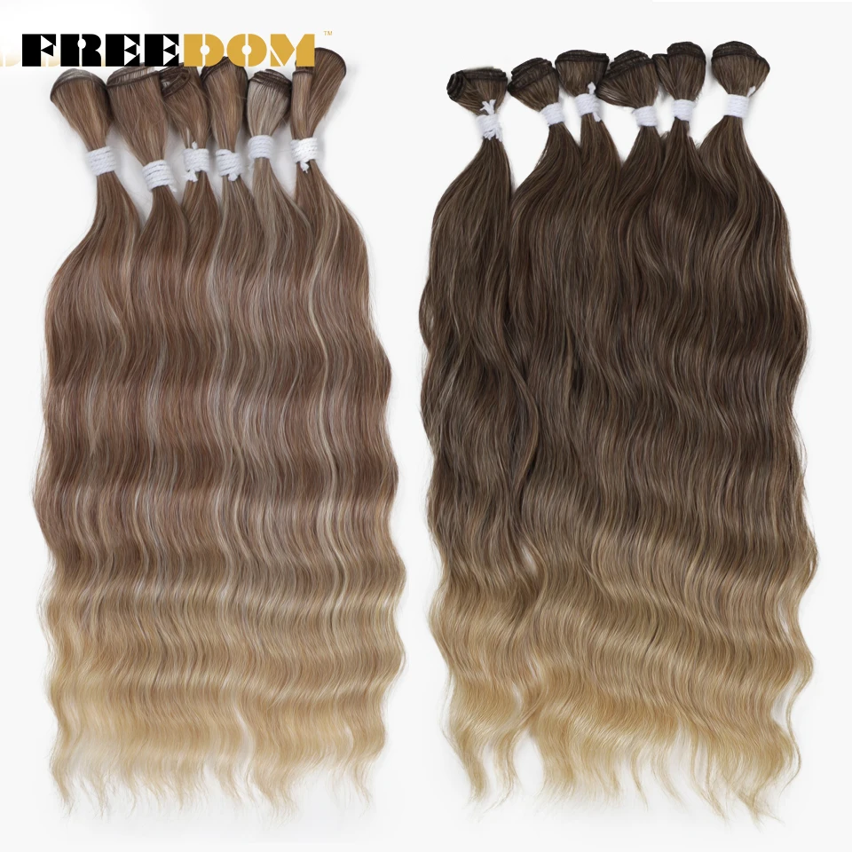 FREEDOM Synthetic Water Wave Hair Bundles 20 inch Synthetic Hair Extensions Ombre Blonde Brown Hair Weave Bundles 6Pcs/Pack