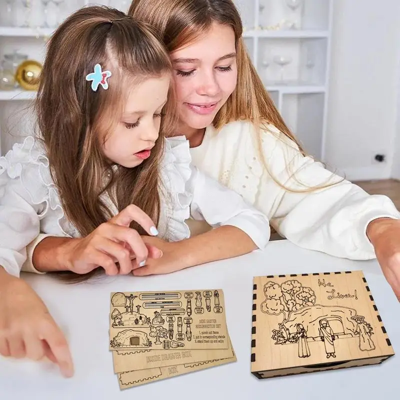 Easter Day Wooden Puzzle Ornament Home Tabletop Puzzle Decorations Christian Easter Basket Garden Tomb Scene Puzzle Toys For