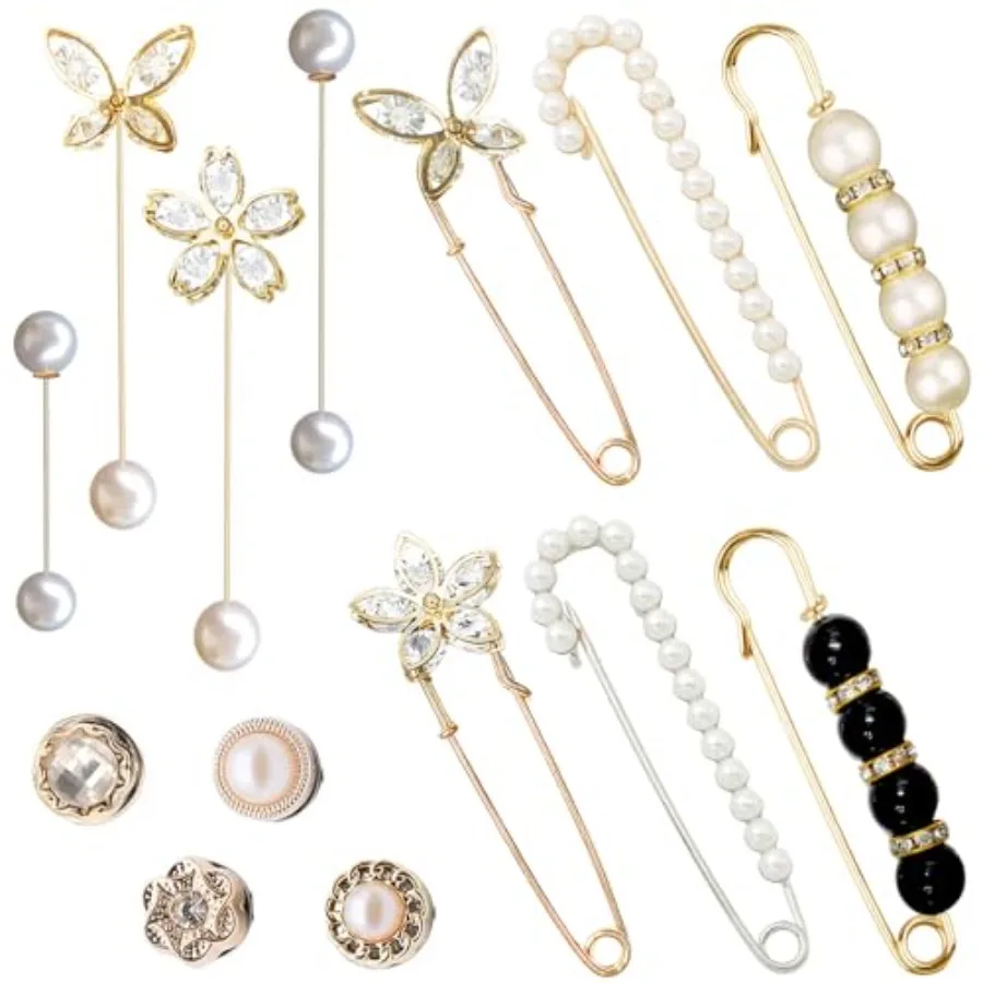 

14 Pieces Brooch Safety Pins Pearl Brooch Button Pin Pant Waist Tightener Pins for Clothes Sweater Shawl Collar Dress Cardigan