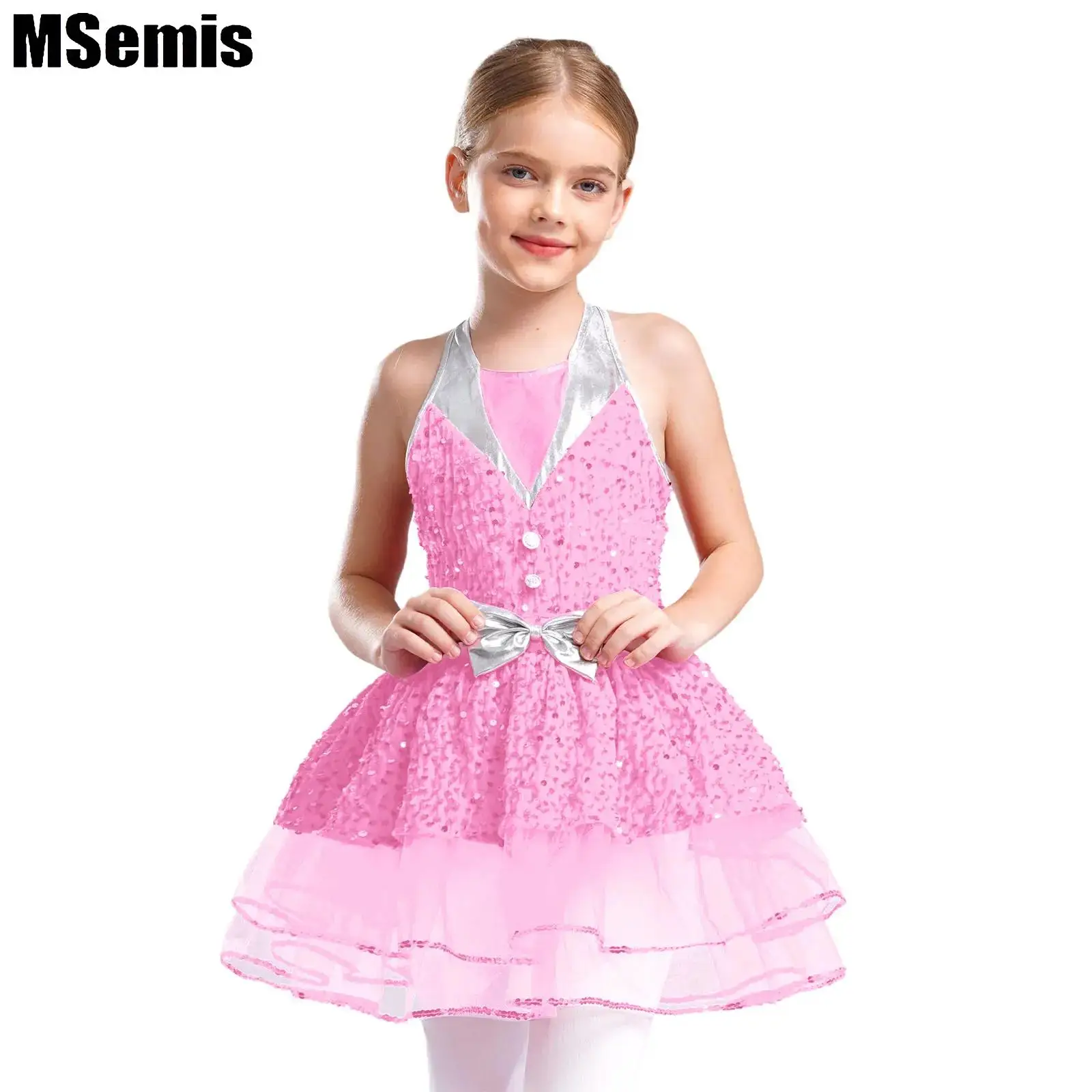 

Kids Girls Velvet Dance Dress Performance Costume Halter Sleeveless Backless Glittery Sequins Tutu Dress Tutu Skirt