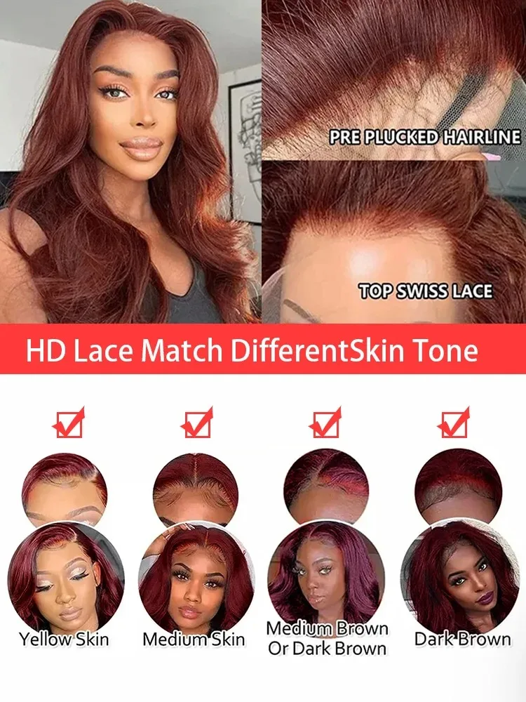 Gelombang tubuh 40 inci 13x6 HD coklat kemerahan renda rambut manusia Wig ketebalan 200 Wig renda depan Remy Brasil untuk wanita