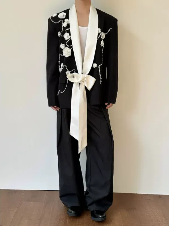 Loose Men Suit Set 2 Pcs Blazer+Pants Trousers Cotton Flower Bow Wedding Tuxedos Formal Office Business Jacket Coat Customized
