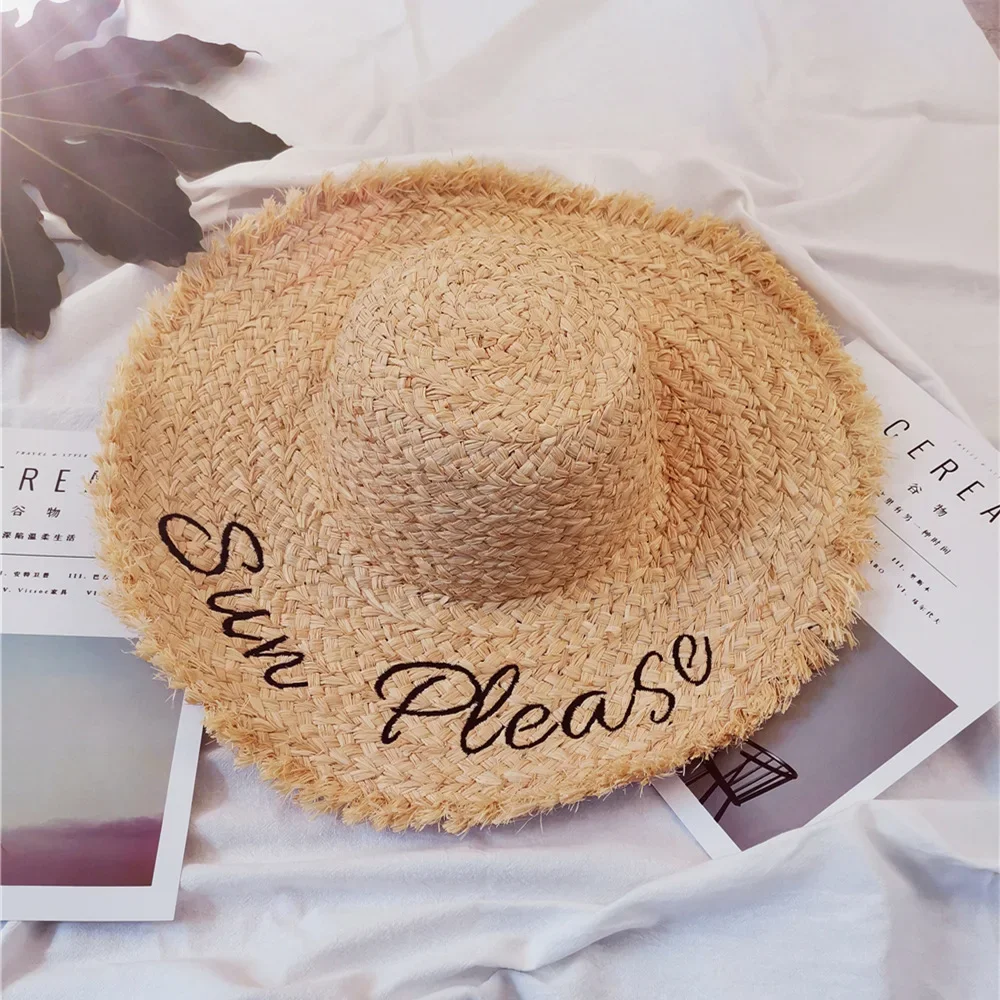 

Lafite Straw Hat Summer Sun Shading Beach Hat Letter Embroidered Large Brim European and American Versatile Hand Woven Straw Hat