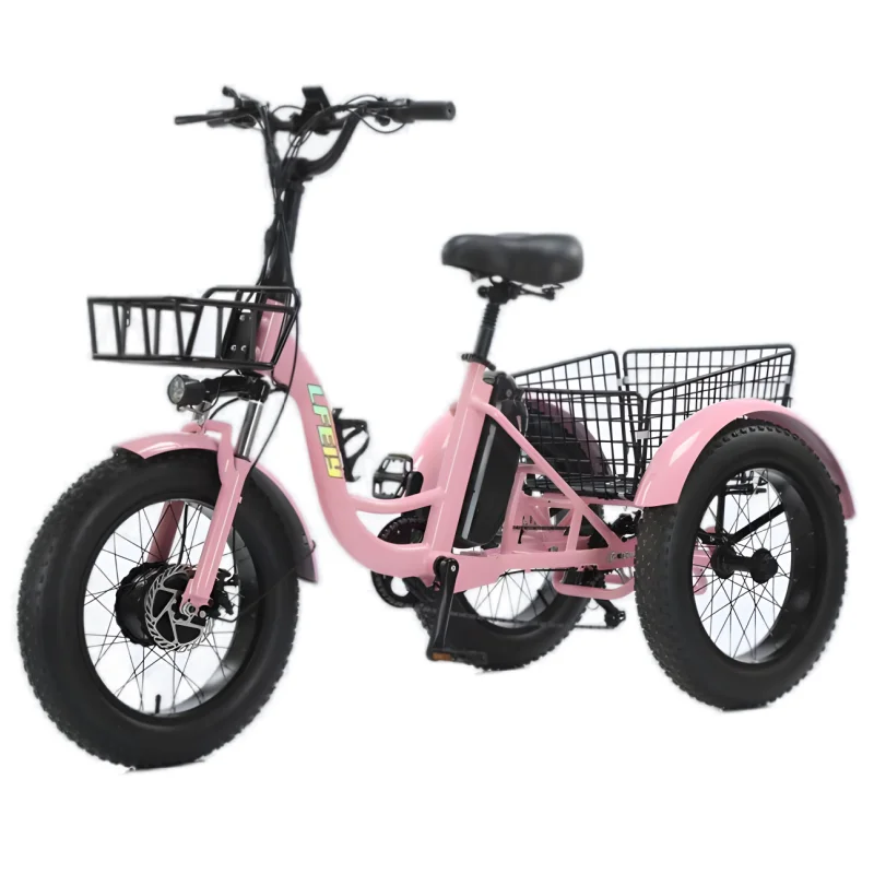 New 3 Wheel Fat Tire Adult Pink Electric Bike Women City 500W Family Cargo Electric Tricycle With 2 Baskets Battery Removable